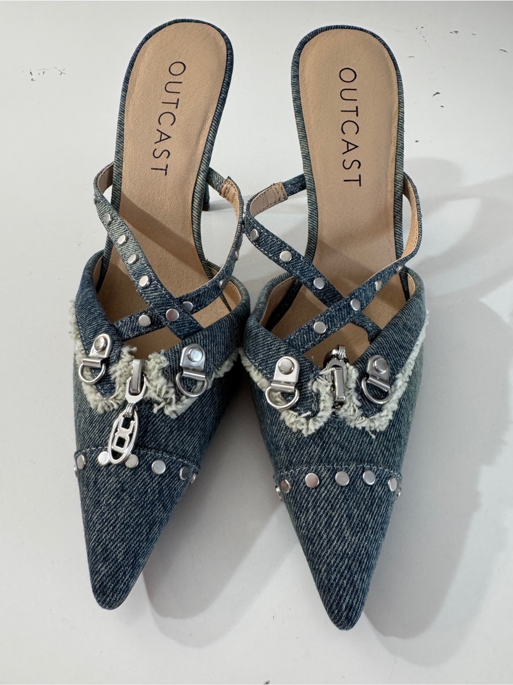 OUTCAST LIMITED EDITION Women's Denim Pointed Toe Stud Mules - BRAND NEW!